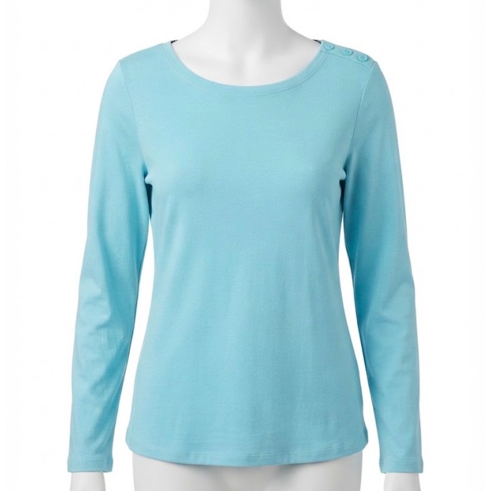 Charter Club Supima Cotton Button Shoulder Top Aqua Blue XXL 3/4 Sleeve Coastal